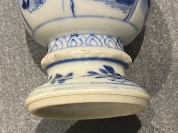 Four Chinese blue and white miniature vases and a huqqa base, Kangxi